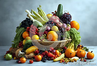 Cornucopia overflows with vibrant array of fruits and vegetables, celebrating the bountiful harvest of nature Stock Photo