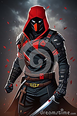 Contemporary Marvel-Inspired Ninja, A Black and Red Hooded Vigilante wielding a Ninja Sword Stock Photo