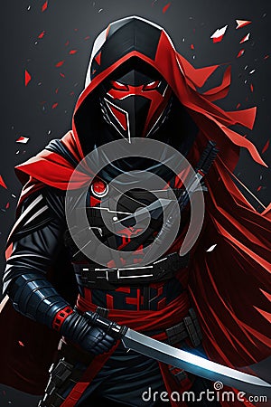 Contemporary Marvel-Inspired Ninja, A Black and Red Hooded Vigilante wielding a Ninja Sword Stock Photo