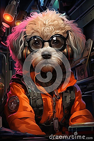 Futuristic Pondering: Cyberpunk Bichon Frise Cartoon Illustration