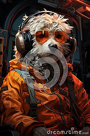 Futuristic Pondering: Cyberpunk Bichon Frise Cartoon Illustration