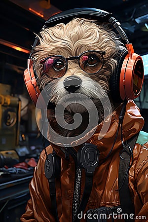 Futuristic Pondering: Cyberpunk Bichon Frise Cartoon Illustration