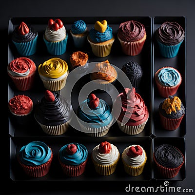 Set of Cupcakes in a Bakery Store Behind Glass Vitrine - Generative AI Stock Photo