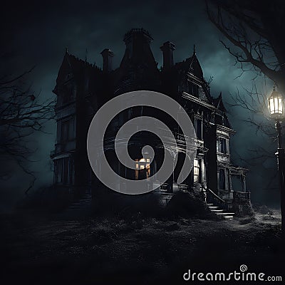 Enchanted Midnight: Creepy Manor Amidst a Dark Knight. Created using Ai Stock Photo