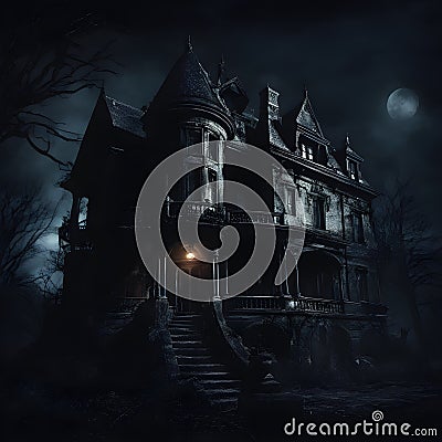 Enchanted Midnight: Creepy Manor Amidst a Dark Knight. Created using Ai Stock Photo