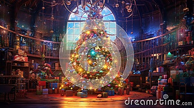 Enchanting Christmas Magic - Adorned Tree in a Blurred Light Aura Stock Photo