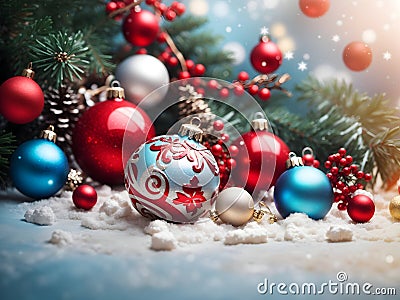 Glowing Yuletide: Bright Christmas Ornaments Adorning a Joyous Background Stock Photo