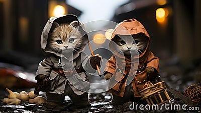 Two Adorable Steampunk Kittens Embracing Cosplay in a Mysterious Alley AI Generated Stock Photo