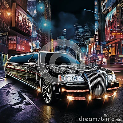 Luxurious Limousine Cruising Through a Vibrant Cityscape at Night Stock Photo