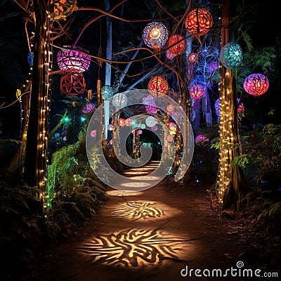 Illuminated Pathway into a Magical Forest Stock Photo