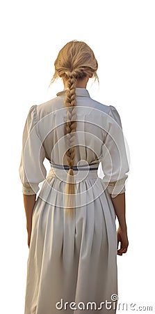 pretty blond woman with long blond braids and wearing a white dress and apron. Amish woman walking away. Cartoon Illustration