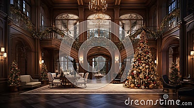 You are welcomed into a world of luxury and holiday cheer by a huge entrance hall decorate Stock Photo