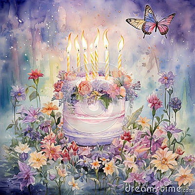 Fantastical Ethereal Garden with Ornate Birthday Cake Stock Photo