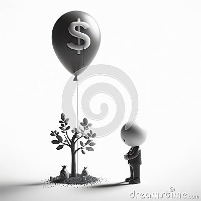 Solitary Whimsy: Monochrome Portrait of a Boy with Floating Balloon Stock Photo