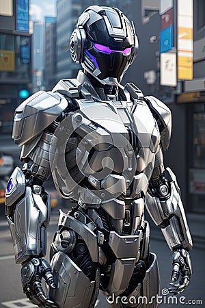 Futuristic Security Enforcer: Silver RoboCop at Your Service Stock Photo