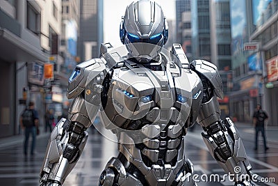 Futuristic Security Enforcer: Silver RoboCop at Your Service Stock Photo