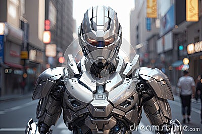 Futuristic Security Enforcer: Silver RoboCop at Your Service Stock Photo