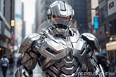 Futuristic Security Enforcer: Silver RoboCop at Your Service Stock Photo