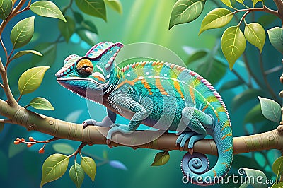 cartoon chameleon perches on a whimsical branch, spanning the width of a banner Stock Photo