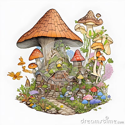 Enchanting Mushroom Village: Stylized Clip Art of a Mystical Hillside Cartoon Illustration