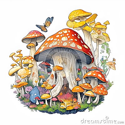 Enchanting Mushroom Village: Stylized Clip Art of a Mystical Hillside Cartoon Illustration