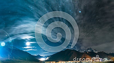 Stepantsminda, Georgia. Night Starry Sky Above Beautiful Georgia Stock Photo