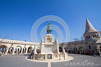 Stephan I statue Szent Istvan on Fisherman`s Bastion Halaszbastya in Budapest castle during the afternoon. Editorial Stock Photo