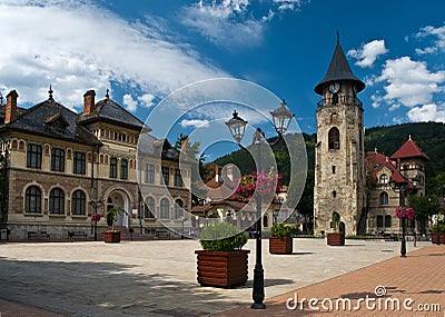 Old architecture and clock tower with blue sky Stock Photo