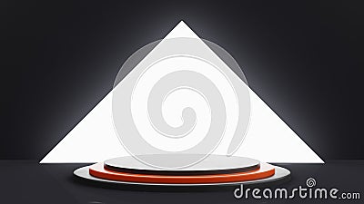 A stepped podium in black with an orange step in the middle. Large white light on a background in the shape of a triangle. 3d rend Stock Photo