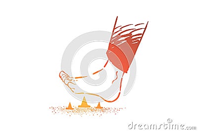 Stepping on metal pins barefoot, foot stepping on spiky pin and tack on the floor Vector Illustration