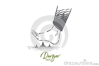 Stepping on metal pins barefoot, foot stepping on spiky pin and tack on the floor Vector Illustration