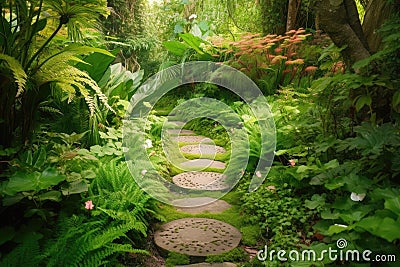 stepping stone path leading to a secret garden, surrounded by lush greenery Stock Photo