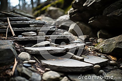 stepping stones on a rocky path in the woods Stock Photo