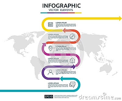 6 steps business infographic. timeline design template with arrow element and world map pin background concept with options. For c Vector Illustration