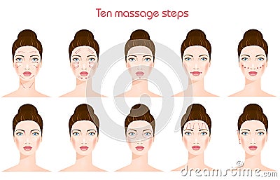 Steps of face massage. Vector Vector Illustration