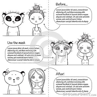 3 steps Facial treatment monochrome instruction, girl and panda Vector Illustration