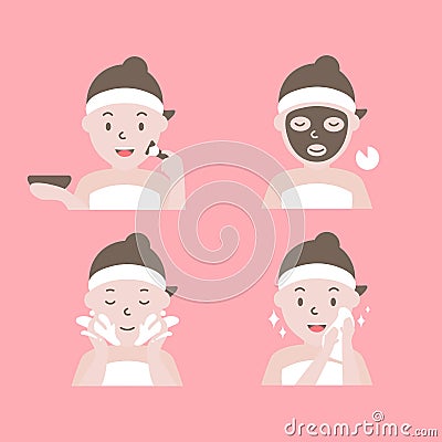 Steps how to apply facial mask. Woman with step of face masking. Vector Illustration