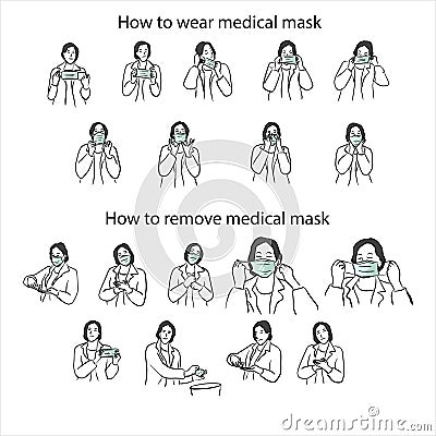 Steps by steps how to wear medical mask and how to remove medical mask vector illustration sketch doodle hand drawn with black Vector Illustration