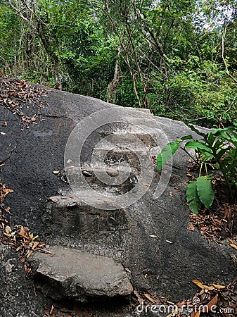 Steps made of stones in the jungle. Hiking trail for tourists Stock Photo