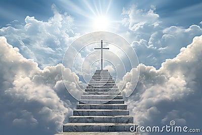 Steps in the sky leading to the Cross. Stairs in the sky. Beautiful Christian picture Stock Photo