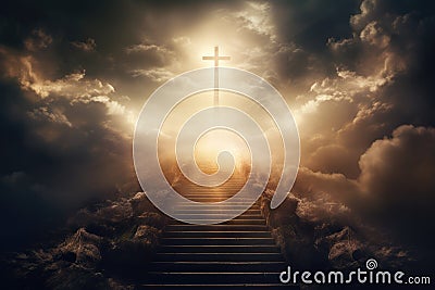 Steps in the sky leading to the Cross. Stairs in the sky. Beautiful Christian picture Stock Photo