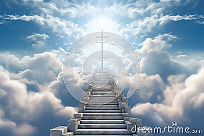 Steps in the sky leading to the Cross. Stairs in the sky. Beautiful Christian picture Stock Photo