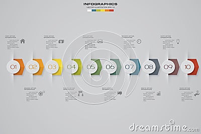 10 steps Timeline infographic element. 10 steps infographic, vector banner can be used for workflow layout. Vector Illustration