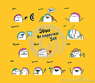 Steps to happiness selfcare support hand drawn vector illustration in cartoon comic style people man doing healthy Vector Illustration