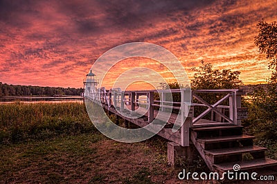 Steps up to Walkway to Doubling Point Lighthouse Sunset Stock Photo
