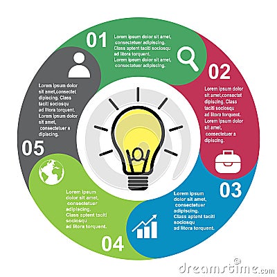 5 steps vector element in five colors with labels, infographic diagram. Business concept of 5 steps or options with light bulb Vector Illustration