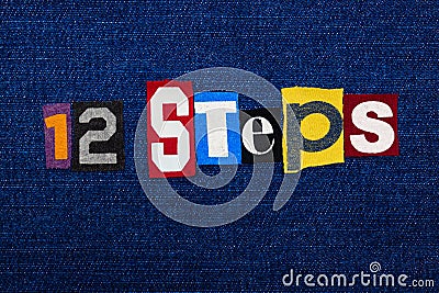 12 STEPS word text collage, multi colored fabric on blue denim, addiction and recovery concept Stock Photo