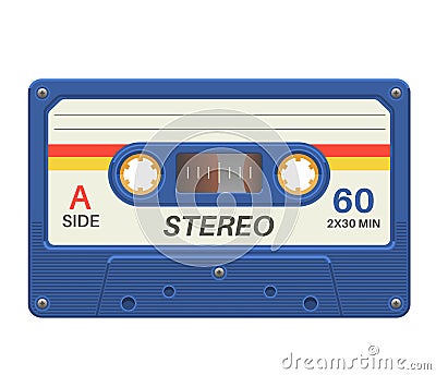 Stereo cassette. Retro audio tape with music record for vintage poster 80s isolated vector object Vector Illustration