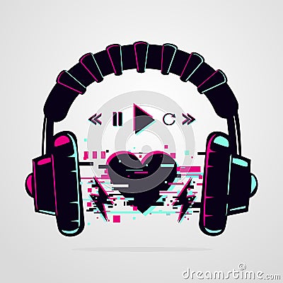 Stereo headphones with glitch effect. Music electronic devise. Vector icon. Night party background. Vector Illustration