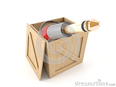 Stereo plug inside wooden crate Stock Photo